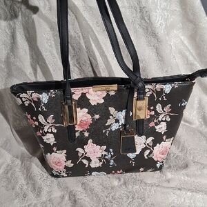 Aldo Tote Black & Pink Floral With Gold Accents